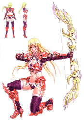 Rule 34 | 1girl, absurdres, armor, bikini armor, blonde hair, blush, boots, bow (weapon), breasts, character sheet, cleavage, cleavage cutout, clothing cutout, crop top, elf, fantasy, green eyes, high boots, high heel boots, high heels, highres, huge weapon, knee boots, kneeling, large breasts, lipstick, long hair, lowleg, makeup, midriff, mu online, multiple views, muse elf, navel, no pants, non-web source, on one knee, pointy ears, scan, shoes, smile, standing, thighhighs, turnaround, turtleneck, weapon, wild flower, yamashita shun&#039;ya, zettai ryouiki