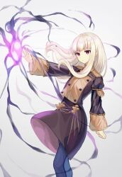 Rule 34 | 1girl, black pantyhose, buttons, closed mouth, commentary request, fire emblem, fire emblem: three houses, floating hair, garreg mach monastery uniform, highres, long hair, long sleeves, looking at viewer, lysithea von ordelia, magic, nintendo, pantyhose, purple eyes, simple background, snowsakurachan, solo, uniform, white background, white hair