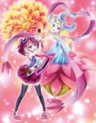 Rule 34 | bare shoulders, bloom diva the melodious choir, blue eyes, bracelet, breasts, chomose, dress, duel disk, duel monster, flower, full body, hiiragi yuzu, jewelry, multicolored hair, music, musical note, petals, pink hair, pleated skirt, ribbon, sash, shoes, short twintails, silver hair, singing, skirt, sleeveless, smile, thighhighs, twintails, two-tone hair, white dress, yu-gi-oh!, yu-gi-oh! arc-v