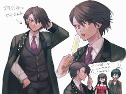 Rule 34 | 1girl, 2boys, :d, ahoge, alternate hairstyle, bare shoulders, black hair, blush, bow, bowtie, brown hair, brown jacket, brown vest, closed mouth, collarbone, collared shirt, commentary request, danganronpa (series), danganronpa v3: killing harmony, dress, facial hair, glass, grey background, hand in own hair, hand up, harukawa maki, highres, holding, jacket, jacket on shoulders, long sleeves, looking at another, looking at viewer, male focus, momota kaito, multiple boys, multiple views, necktie, no pupils, official alternate costume, open mouth, red dress, red eyes, revision, saihara shuichi, shirt, short hair, simple background, smile, solo focus, sweat, translated, vest, visket53, white shirt