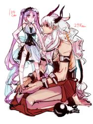 Rule 34 | 1boy, 1girl, asterios (fate), ball and chain (weapon), black sclera, colored sclera, euryale (fate), euryale (third ascension) (fate), fate/grand order, fate/hollow ataraxia, fate (series), height difference, horns, purple eyes, purple hair, red eyes, twintails, white hair