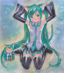 Rule 34 | 2girls, animal ears, armpits, arms up, artist name, boots, cat ears, cat tail, chibi, chibi miku (mayo riyo), commentary request, detached sleeves, green eyes, green hair, hatsune miku, long hair, mayo riyo, multiple girls, necktie, non-web source, sitting, skirt, tail, thigh boots, thighhighs, traditional media, twintails, very long hair, vocaloid, wariza