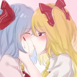 Rule 34 | 2girls, ^ ^, ascot, blonde hair, blue hair, blush, brooch, closed eyes, commentary request, dress, esatongi, facing another, flandre scarlet, gradient background, hair ribbon, incest, jewelry, kiss, lips, long hair, looking at another, multiple girls, nail polish, no headwear, one side up, pink background, pink dress, puffy short sleeves, puffy sleeves, red ascot, red eyes, red nails, red ribbon, red vest, remilia scarlet, ribbon, shirt, short hair, short sleeves, touhou, upper body, vest, white background, white shirt, yellow ascot, yuri
