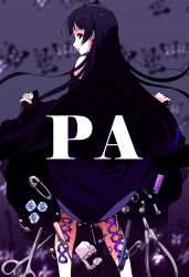 Rule 34 | 1girl, absurdres, awl, bakemonogatari, black dress, black hair, blurry, blurry background, bocchi the rock!, bug, butterfly, character name, clothes lift, dress, ear piercing, feet out of frame, floating hair, frilled sleeves, frills, from behind, goumonsha, green eyes, highres, hime cut, hole puncher, ice, ice cube, insect, lighter, lip piercing, long hair, long sleeves, looking back, mechanical pencil, monogatari (series), needle, off-shoulder dress, off shoulder, pa-san, pencil, piercing, purple background, safety pin, scissors, senjougahara pose, sewing needle, skirt, skirt lift, solo, tweezers