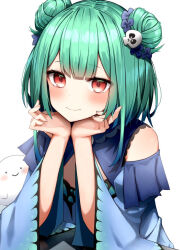 Rule 34 | 1girl, animal print, blue dress, blue hair, blue sleeves, blush, butterfly print, closed mouth, commentary request, detached collar, detached sleeves, double bun, dress, fandead (uruha rushia), frilled dress, frills, gradient hair, green hair, hair bun, hair ornament, hair ribbon, hands on own chin, head rest, hololive, hololive fantasy, long sleeves, looking at viewer, medium hair, multicolored hair, pepushi drow, red eyes, ribbon, sidelocks, simple background, skull hair ornament, smile, solo, strapless, strapless dress, upper body, uruha rushia, uruha rushia (1st costume), virtual youtuber, white background, wide sleeves