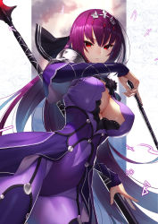 Rule 34 | absurdres, armor, bodysuit, breasts, cleavage, covered navel, dress, fate/grand order, fate (series), gae bolg (fate), hair between eyes, headpiece, highres, holding, holding wand, holding weapon, large breasts, long hair, pauldrons, polearm, purple dress, purple hair, purple ribbon, red eyes, ribbon, scathach (fate), scathach skadi (fate), scathach skadi (second ascension) (fate), scottie (phantom2), shoulder armor, solo, spear, tiara, wand, weapon