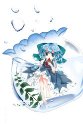Rule 34 | 1girl, absurdres, barefoot, blue eyes, blue hair, bow, bubble, cirno, dress, eating, fishbowl, food, fruit, hair bow, highres, ice, ice wings, leaf, matching hair/eyes, oumi hi, popsicle, puffy sleeves, ribbon, short hair, short sleeves, solo, touhou, water, watermelon, white background, wings