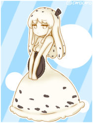 Rule 34 | 1girl, blonde hair, border, breasts, chocolate, chocolate chip, closed mouth, colored sclera, colored skin, curss, dress, food, holding, ice cream, jitome, long dress, looking at viewer, medium breasts, monster girl, original, slime girl, solo, standing, twitter username, white border, yellow eyes, yellow sclera, yellow skin