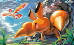 Rule 34 | bird, blue sky, cloud, cloudy sky, creature, creatures (company), day, dwebble, flying, full body, game freak, gen 1 pokemon, gen 5 pokemon, grass, kawaguchi youhei, legendary pokemon, looking at another, looking up, moltres, nature, nintendo, no humans, official art, outdoors, pokemon, pokemon (creature), pokemon tcg, rock, sky, standing, third-party source