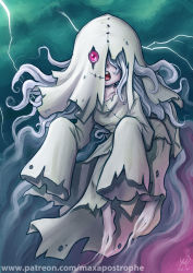Rule 34 | 1girl, artist name, barefoot, covered face, floating, ghost, lightning, long hair, maxa&#039;, messy hair, original, pale skin, red eyes, sleeves past wrists, stitches, white hair