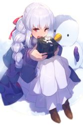 Rule 34 | 1girl, alternate costume, alternate hairstyle, box, braid, christmas, commentary request, echo (circa), fate/grand order, fate (series), gift, gift box, hair between eyes, hair ribbon, holding, holding box, holding gift, kama (fate), long hair, long skirt, long sleeves, looking at viewer, open mouth, pink ribbon, purple sweater, red eyes, ribbon, side braid, single braid, sitting, skirt, snow, snowman, solo, sweater, teeth, white hair, white skirt