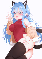 Rule 34 | 1girl, :d, absurdres, ahoge, animal ears, ass, bare shoulders, black thighhighs, blue eyes, blue hair, blush, braid, breasts, brown jacket, cat ears, cat tail, closed mouth, commentary request, covered navel, fake animal ears, fingernails, french braid, groin, hair between eyes, hair intakes, hair ribbon, highleg, highleg leotard, highres, impossible clothes, impossible leotard, impossible sweater, jacket, leotard, long hair, long sleeves, looking at viewer, lying, medium breasts, meme attire, nail polish, off shoulder, on side, open clothes, open jacket, open mouth, original, pink nails, pointy ears, red leotard, red ribbon, red sweater, ribbed leotard, ribbed sweater, ribbon, sidelocks, simple background, skindentation, sleeveless, sleeveless sweater, sleeveless turtleneck, smile, solo, sweater, tail, teeth, thighhighs, turtleneck, turtleneck sweater, upper teeth only, very long hair, white background, zhaofeng yinyue