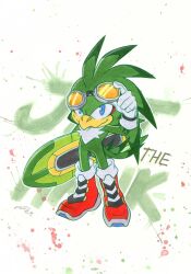 Rule 34 | 1boy, artist name, blue eyes, character name, dated, finik, furry, furry male, gloves, goggles, goggles on head, highres, hoverboard, jet the hawk, looking at viewer, shoes, signature, solo, sonic (series), sonic riders, watermark, white gloves