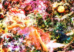 Rule 34 | 1girl, abstract, bare shoulders, barefoot, dress, female focus, full body, hayapi, looking at viewer, mohican, pink dress, puffy short sleeves, puffy sleeves, red eyes, short sleeves, silver hair, sitting, solo, touhou, yakumo yukari
