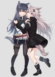 Rule 34 | 2girls, animal ear fluff, animal ears, arknights, bare legs, belt, black capelet, black footwear, black hair, black jacket, black legwear, black shorts, blush, boots, brown eyes, capelet, commentary request, food, food in mouth, full body, grey background, grey eyes, hair between eyes, hair ornament, hairclip, hand on another&#039;s shoulder, highres, jacket, lappland (arknights), long hair, long sleeves, looking at viewer, material growth, mouth hold, multiple girls, oripathy lesion (arknights), oritonagi, pantyhose, pocky, pouch, red belt, scar, scar across eye, scar on face, shoes, short shorts, shorts, silver hair, simple background, standing, tail, texas (arknights), thigh strap, thighs, white jacket, wolf ears, wolf tail, yuri