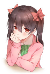 Rule 34 | 1girl, absurdres, black hair, blush, bow, closed mouth, collared shirt, commentary request, diagonal stripes, dress shirt, green bow, hair between eyes, hair bow, hand up, highres, hitotsuki no yagi, long hair, long sleeves, looking at viewer, love live!, otonokizaka school uniform, pink sweater, red bow, red eyes, school uniform, shirt, sleeves past wrists, smile, solo, striped, striped bow, sweater, twintails, upper body, white background, white shirt, yazawa nico