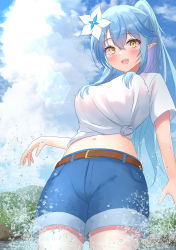 Rule 34 | 1girl, :d, alternate costume, alternate hairstyle, belt, blue hair, blue shorts, blue sky, blush, breasts, colored tips, commentary, cowboy shot, denim, denim shorts, elf, flower, hair between eyes, hair flower, hair ornament, high ponytail, highres, hololive, large breasts, leather belt, long hair, looking at viewer, midriff, multicolored hair, navel, onabe no shime, open mouth, outdoors, pointy ears, river, shirt, short sleeves, shorts, sky, smile, solo, streaked hair, t-shirt, teeth, tied shirt, upper teeth only, virtual youtuber, white flower, white shirt, yellow eyes, yukihana lamy