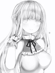 Rule 34 | 1girl, bad id, bad pixiv id, breasts, closed mouth, greyscale, hand up, heart, highres, large breasts, looking at viewer, marshmallow-chan (nanashi), monochrome, nanashi (nlo), neck ribbon, original, ribbon, simple background, smile, solo, upper body, white background, wristband