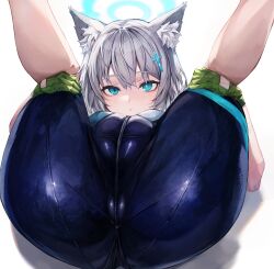 Rule 34 | 1girl, animal ear fluff, animal ears, ass, bike shorts, blue archive, blue eyes, blue halo, blue shorts, blush, breasts, cameltoe, cross, cross hair ornament, crotch seam, cycling uniform, fat mons, feet out of frame, gloves, green gloves, grey hair, hair ornament, halo, highres, inverted cross, latex, latex shorts, leg hold, legs up, looking at viewer, lying, mismatched pupils, official alternate costume, on back, parted lips, shiroko (blue archive), shiroko (cycling) (blue archive), short hair, shorts, simple background, skin tight, small breasts, solo, suujiniku, white background, wolf ears