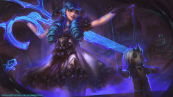 Rule 34 | 1girl, absurdres, ahoge, artist name, black bow, black dress, black gloves, bow, breasts, character doll, detached sleeves, doll, dress, feet out of frame, frilled dress, frills, from below, gloves, glowing, green eyes, green hair, grey dress, gwen (league of legends), hair bow, hand up, highres, holding, holding scissors, indoors, joaowbenfica, league of legends, long hair, needle, over shoulder, oversized object, puffy short sleeves, puffy sleeves, scissors, sewing needle, short sleeves, small breasts, smile, solo, viego (league of legends), watermark, web address
