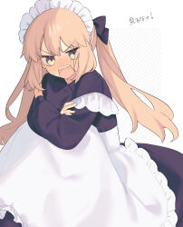 Rule 34 | 1girl, apron, artoria caster (fate), artoria pendragon (fate), black dress, blonde hair, blush, breasts, dress, fate/grand order, fate (series), frills, green eyes, highres, long hair, long sleeves, looking at viewer, maid headdress, open mouth, sharp teeth, sitting, small breasts, solo, teeth, translation request, twintails, uxco0, white apron