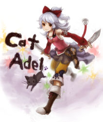 Rule 34 | 1girl, adelle (fft), bare shoulders, boots, capri pants, cat, chain, dual wielding, earrings, final fantasy, final fantasy tactics a2, final fantasy tactics advance, holding, jewelry, knife, pants, piranosuke, ponytail, ribbon, running, shorts, silver hair, skirt, smile, solo, yellow eyes