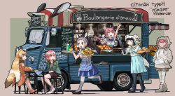 Rule 34 | 6+girls, absurdres, alternate costume, animal ears, apron, bare arms, bare legs, black eyes, black hair, blonde hair, boots, borrowed character, bread, brown eyes, brown hair, casual, character request, coat, contemporary, cup, donkey (kemono friends), donkey ears, donkey tail, drink, drinking glass, extra ears, ezo red fox (kemono friends), fang, food, fox ears, fox tail, full body, grey hair, hands in pockets, high ponytail, highres, holding, holding tray, hood, hood up, hoodie, japanese macaque (kemono friends), japari symbol, kemono friends, long hair, long sleeves, looking at another, medium hair, motor vehicle, multicolored hair, multiple girls, nana (kemono friends), open clothes, open shirt, panther ears, panther girl, panther tail, pantyhose, peach panther (kemono friends), pink eyes, pink hair, pocket, red eyes, running, shirt, shoes, short sleeves, shorts, sitting, skirt, smile, stool, table, tail, toriny, tray, very long hair, waitress, walking, white hair, yellow eyes