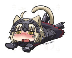 Rule 34 | 1girl, ahoge, animal ears, armor, armored dress, blonde hair, blush, boots, cat ears, cat tail, chibi, cowfee, crying, crying with eyes open, d:, dot nose, fate/grand order, fate (series), full-face blush, gauntlets, greaves, headpiece, high heel boots, high heels, jeanne d&#039;arc (fate), jeanne d&#039;arc alter (avenger) (fate), jeanne d&#039;arc alter (avenger) (first ascension) (fate), jeanne d&#039;arc alter (fate), looking at viewer, lying, on stomach, open mouth, short hair, signature, solo, tail, tears, white background, yellow eyes