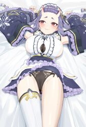 Rule 34 | 1girl, @ @, absurdres, arms up, averting eyes, bed sheet, black panties, blue skirt, blush, bow, bow panties, breasts, cameltoe, center frills, closed mouth, commentary request, commission, copyright request, detached sleeves, forehead, frilled skirt, frilled sleeves, frills, goback, groin, highres, horns, large breasts, long sleeves, looking to the side, lying, nail polish, on back, oni, oni horns, panties, purple hair, purple nails, purple sleeves, red eyes, shirt, short eyebrows, sideboob, skirt, sleeveless, sleeveless shirt, sleeves past wrists, solo, thick eyebrows, underwear, white shirt, wide sleeves