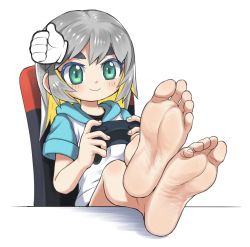 Rule 34 | 1girl, aqua eyes, barefoot, blonde hair, controller, crossed ankles, feet, feet on table, foot focus, foreshortening, game controller, hair ornament, hairclip, highres, hood, hoodie, long hair, original, oyatsu (mk2), smile, soles, solo, thick eyebrows, toes, virtual youtuber, white background