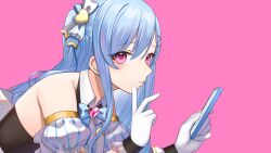 Rule 34 | 1girl, bare shoulders, blue bow, blue hair, blush, bow, cellphone, center frills, closed mouth, collared shirt, commentary request, copyright request, detached sleeves, frilled gloves, frills, gloves, hair ornament, heart, heart hair ornament, highres, holding, holding phone, hoshimiya aki, long hair, official art, phone, pink background, puffy short sleeves, puffy sleeves, purple eyes, shirt, short sleeves, simple background, sleeveless, sleeveless shirt, solo, virtual youtuber, white gloves, white shirt