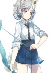 Rule 34 | 1girl, animal ears, blue skirt, bow (weapon), braid, commentary request, dog ears, dog tail, elin, emily (pure dream), grey hair, highres, long hair, necktie, red eyes, school uniform, shirt, sketch, skirt, solo, tail, tera online, twin braids, twintails, weapon, white shirt
