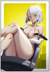 Rule 34 | 1girl, aelion draws, bare legs, bare shoulders, blush, border, breasts, chair, cigarette, cleavage, cleft of venus, closed mouth, commentary, crossed arms, crossed legs, cyberpunk (series), cyberpunk edgerunners, english commentary, forehead, grey hair, highres, holding, holding cigarette, jacket, long hair, looking at viewer, lucy (cyberpunk), medium breasts, multicolored hair, nipples, nostrils, nude, off shoulder, open clothes, open jacket, pussy, shadow, simple background, sitting, solo, v-shaped eyebrows, white border, yellow background
