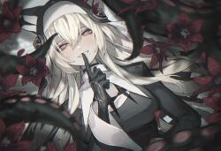 Rule 34 | 1girl, black dress, black gloves, blonde hair, breasts, dress, finger to mouth, flower, gloves, habit, hair between eyes, highres, index finger raised, large breasts, long hair, long sleeves, looking at viewer, mephisto (angraecum), mole, mole under mouth, nun, original, petals, plant, red eyes, red flower, simple background, sister yulia, solo, tentacles, upper body, very long hair, vines
