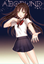 Rule 34 | 1girl, bad id, bad pixiv id, brown eyes, brown hair, dress shirt, hand on own chest, long hair, looking at viewer, original, outstretched arm, outstretched hand, saikawa yusa, school uniform, shirt, skirt, smile, solo