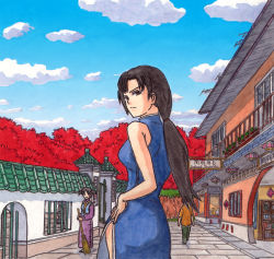 Rule 34 | 2girls, bad id, bad pixiv id, black hair, blue dress, broom, china dress, chinese clothes, dress, hand on own hip, hong xiu ying, kazuto ishikawa, long hair, looking back, low ponytail, multiple girls, shenmue, shenmue ii, side slit, solo focus, xun fang mei
