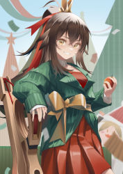 Rule 34 | 1girl, absurdres, arknights, brown hair, collar, cowboy shot, detached collar, dress, eyepatch, food, fruit, gaoqiaoyuyin takahashi, green jacket, hair between eyes, highres, holding, holding food, holding fruit, jacket, kafka (arknights), kafka (cardboard fairy) (arknights), long hair, long sleeves, official alternate costume, pleated dress, ponytail, red dress, red ribbon, ribbed jacket, ribbon, smile, solo, very long hair, white collar, yellow eyes