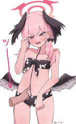 Rule 34 | 1girl, 1other, artist name, bikini, black bikini, black bow, black wings, blue archive, blush, bow, breasts, collarbone, commentary request, cowboy shot, disembodied hand, earosoligt, feathered wings, floral print, front-tie bikini top, front-tie top, hair between eyes, hair bow, halo, head wings, highres, koharu (blue archive), koharu (swimsuit) (blue archive), long hair, low twintails, low wings, navel, official alternate costume, open mouth, pink eyes, pink hair, pink halo, poking belly, print bikini, simple background, small breasts, solo focus, strapless, strapless bikini, swimsuit, twintails, twitter username, white background, wings