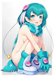 Rule 34 | 1girl, ankle boots, aqua eyes, aqua footwear, aqua gloves, blush, boots, border, breasts, female focus, full body, functionally nude, gloves, gradient background, hagoromo lala, hair ornament, highres, looking at viewer, multicolored hair, nude, open mouth, pointy ears, precure, scarf, shoes, short hair, sideboob, simple background, small breasts, solo, star-shaped pupils, star (symbol), star twinkle precure, symbol-shaped pupils, white border, zipper, zipper pull tab