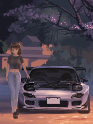 Rule 34 | 1girl, black footwear, black shirt, blush, bracelet, brown eyes, brown hair, cherry blossoms, closed mouth, commentary request, highres, jewelry, long hair, looking at viewer, mazda, mazda rx-7, mazda rx-7 fd, midriff, momo hiki, navel, original, outdoors, pants, shirt, shoes, short sleeves, smile, solo, spoiler (automobile), tree, walking, white pants