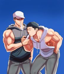 Rule 34 | 2boys, abs, backwards hat, bara, bare arms, bare shoulders, baseball cap, black hoodie, drinking, feet out of frame, fle0423, grey pants, hat, highres, hood, hoodie, large pectorals, male focus, mole, mole under eye, multiple boys, muscular, muscular male, nipples, original, pants, pectorals, short hair, sideburns, sidepec, sleeveless, sleeveless hoodie, sweat, thick thighs, thighs, white hoodie