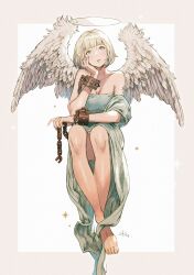 Rule 34 | 1girl, angel, angel wings, arm tattoo, barefoot, blonde hair, blue eyes, blunt bangs, border, breasts, broken, broken chain, chain, cleavage, commentary request, convenient leg, crossed legs, cuffs, dress, eyelashes, feathered wings, feet, full body, green dress, grey border, halo, hand up, head rest, head tilt, highres, holding, invisible chair, kuroimori, looking at viewer, medium breasts, medium hair, original, parted lips, shackles, shiny skin, signature, sitting, solo, strapless, strapless dress, tattoo, toenails, toes, white background, white wings, wings