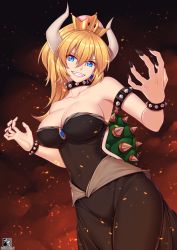 Rule 34 | 1girl, armlet, bare shoulders, black dress, black nails, blonde hair, blue eyes, bowsette, bracelet, breasts, cleavage, clenched teeth, collar, collarbone, commentary request, crown, dress, jewelry, large breasts, looking at viewer, mario (series), nail polish, new super mario bros. u deluxe, nintendo, ponytail, sharp teeth, smile, solo, spiked armlet, spiked bracelet, spiked collar, spikes, super crown, teeth, zerg309