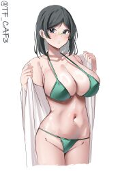 1girl absurdres alternate_costume bikini black_hair breasts cleavage cowboy_shot green_bikini grey_eyes groin highres kantai_collection kirishima_(kancolle) large_breasts medium_hair navel one-hour_drawing_challenge parted_lips rimless_eyewear simple_background solo stomach swimsuit tf_cafe twitter_username undressing white_background