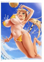 Rule 34 | 1girl, :d, absurdres, animal ears, arm up, armpits, ball, bare legs, barefoot, beach volleyball, bikini, blonde hair, blue sky, bouncing breasts, breasts, cle masahiro, covered erect nipples, day, fang, feet, front-tie bikini top, front-tie top, green eyes, highres, jumping, kotora (toranoana), large breasts, long hair, low ponytail, navel, non-web source, one-piece tan, open mouth, outdoors, playing sports, scan, side-tie bikini bottom, sky, smile, solo, spread toes, sweat, swimsuit, tail, tan, tanline, tiger ears, tiger tail, toes, toranoana, volleyball, volleyball (object), volleyball net, yellow bikini