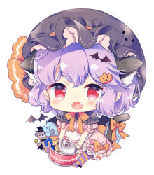 Rule 34 | 1girl, adapted costume, animal ears, aogiri sei, apron, bat hair ornament, bat wings, black hat, bloomers, blush, bow, can, candy, candy wrapper, capelet, cat ears, cat tail, chibi, colored stripes, commentary request, dress, extra ears, fangs, food, food-themed hair ornament, frills, full body, hair ornament, halloween, hat, hat ribbon, kemonomimi mode, looking at viewer, lowres, mob cap, open mouth, orange bow, orange ribbon, pantyhose, pink dress, pointy ears, puffy short sleeves, puffy sleeves, pumpkin hair ornament, purple hair, red eyes, remilia scarlet, ribbon, short hair, short sleeves, sitting, slit pupils, smile, solo, striped clothes, striped pantyhose, stuffed animal, stuffed toy, tail, tail bow, tail ornament, teddy bear, touhou, underwear, waist apron, wings