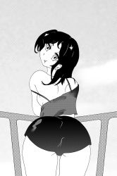 Rule 34 | 1girl, ass, bent over, breasts, cloud, from behind, highres, large breasts, long hair, looking at viewer, looking back, matsurito, monochrome, pout, railing, shirt, sky, smile, strap slip, tank top