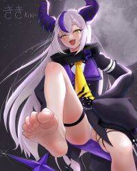 Rule 34 | 1girl, absurdres, akasaka0818, barefoot, feet, foot focus, highres, hololive, horns, la+ darknesss, long hair, open mouth, panties, pantyshot, soles, toes, underwear, virtual youtuber, white hair, yellow eyes