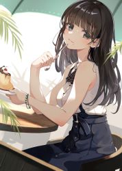 Rule 34 | 1girl, :3, bare shoulders, black eyes, black hair, cherry, food, fruit, looking at viewer, lumo 1121, mole, mole under mouth, pudding, solo, spoon, sweets, umbrella
