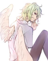 Rule 34 | 1boy, angel wings, artist request, blouse, from behind, grey hair, grey shirt, hand on own chin, highres, kiryuu yoshiya, knees up, looking at viewer, male focus, pants, purple eyes, shirt, short sleeves, simple background, sitting, solo, solo focus, source request, subarashiki kono sekai, white background, wings